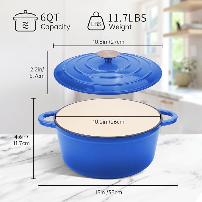 6 Quart Enameled Cast Iron Dutch Oven Pot with Lid Blue | Silicone Accessories, Oven Safe up to 500°F, Non-stick Dutch Oven for Bread Baking, Cooking, Dual Handles Cookware
