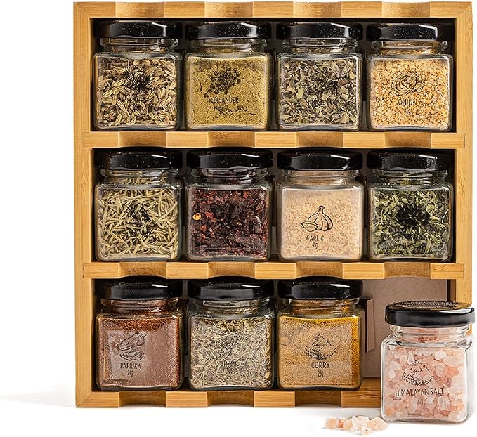 TILZ GEAR Wooden 3-Tier Spice Rack, 12 Filled Glass Jars, 12 Organic Spices Included, Brown