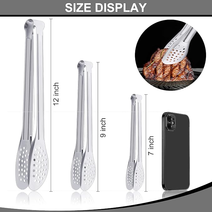 6 Pack Serving Tongs for Buffet Stainless Steel Serving Utensils 7,9,12Inch | Silver stainless steel; 7, 9 and 12 in sizes; open non-locking design for buffets, parties, catering and table service