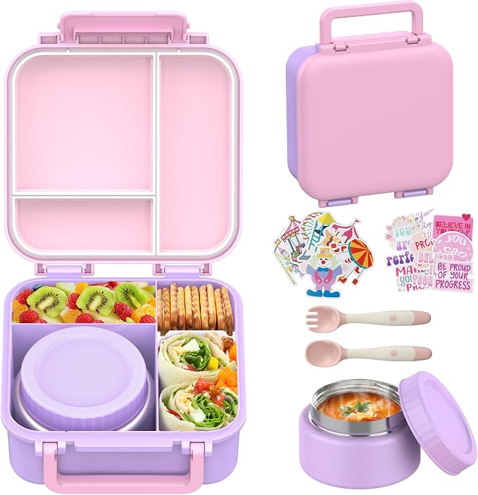 Bento Lunch Box for Kids with 9oz Thermo, Leak-proof Lunch Containers with 3 Compartments,Kids-friendly Size,Durable/Dishwasher Safe Lunch Box for School Outdoors Purple-Pink