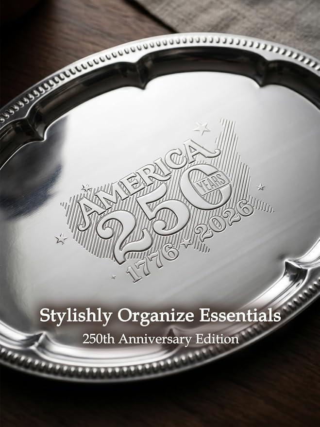 4 Pack 250th Anniversary USA Oval Silver Serving Trays with 4 US Toothpick Flags - 15.7" x 11.8" Stackable Mirror Platter, Floral Engraved Tableware for Fourth of July Party, BBQ, Food