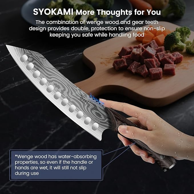 Japanese Kitchen Knife, 8.2 Inch Chef Knife, Carbon Steel Kiritsuke | Razor Sharp Santoku for Precision Cutting, Damascus Pattern, Full Tang Wood Handle, Housewarming Cooking Gifts