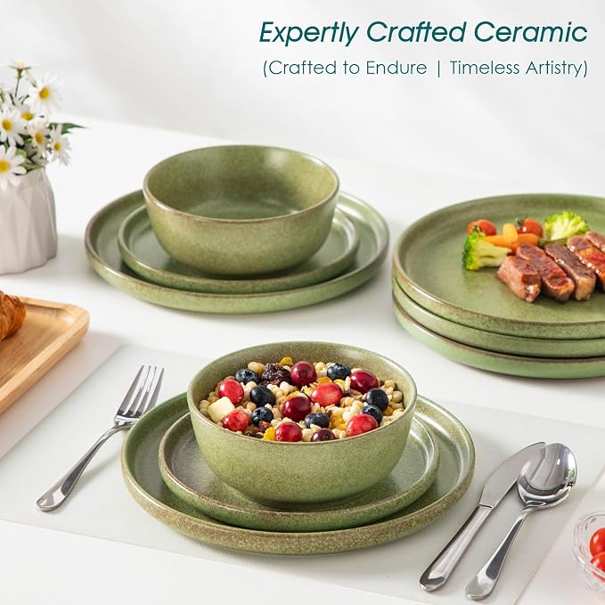vancasso ZERMATT 18 Pieces Stoneware Dinnerware, Plates and Bowls Set for 6 | Dinnerware Set for 6 in Mossy Green Reactive Glaze Stoneware, Kitchen Dinner Set, Microwave and Dishwasher Safe