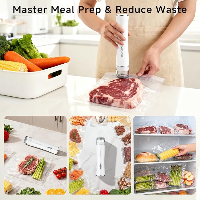 Compact Handheld Vacuum Sealer for Food with 10 Reusable Bags | Powerful 60 kPa suction, Keeps food fresh up to 6X longer, Cordless handheld design, Ideal for meal prep and food storage