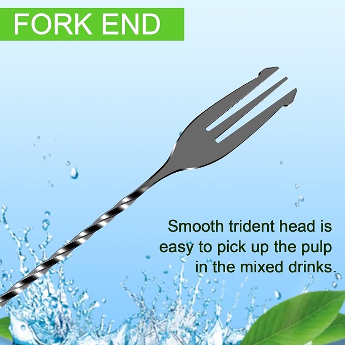 Bar Spoon Cocktail Mixing Stirrers,2Pcs,12” with Trident Fork, Black | 18/8 Stainless Steel, Double Ended Design, Long Drink Spoons, Trident Fork, for Stirring Coffee & Cocktails