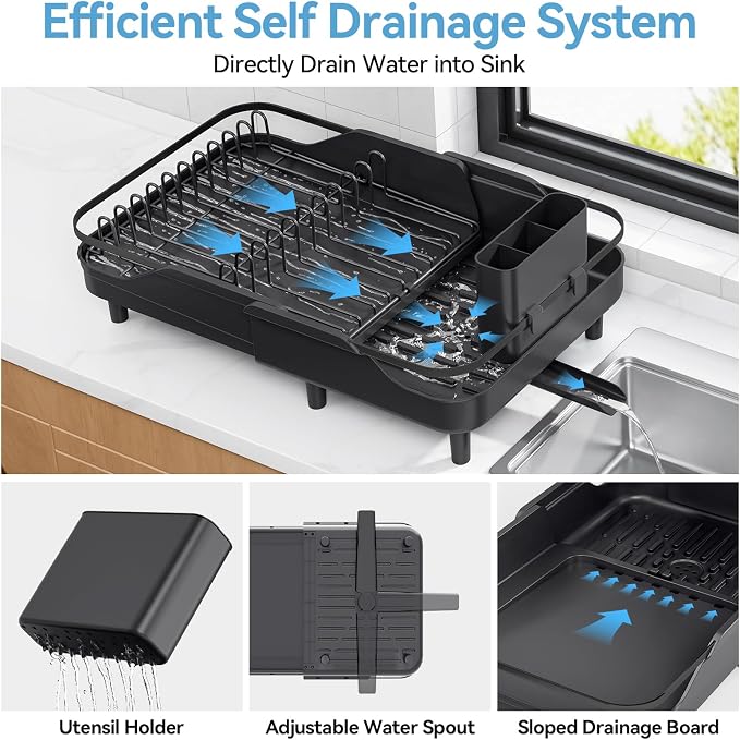 Urackify Expandable Dish Drying Rack for Small Kitchen Counter, Matte Black | Adjustable Capacity, Countertop-Stay-Dry Drainboard, Heavy-Duty Steel, Stable Plate Rack, Spave Saving for Apartment,RV,Dorms