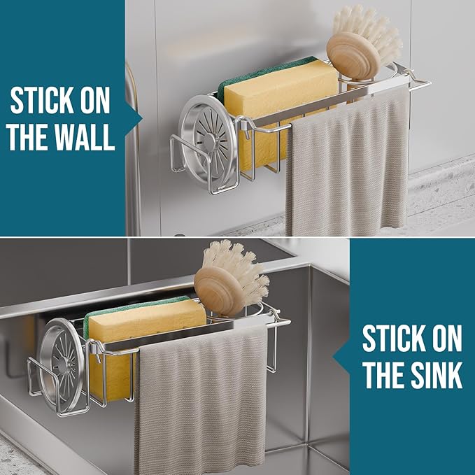 TAILI 4-in-1 Sponge Holder for Kitchen Sink with Strong Suction Cup-Silver | Removable Rustproof 304 Stainless Steel Multi-compartment Sponge Holder with Suction Cup, Keeps Brushes & Scrubbers Tidy