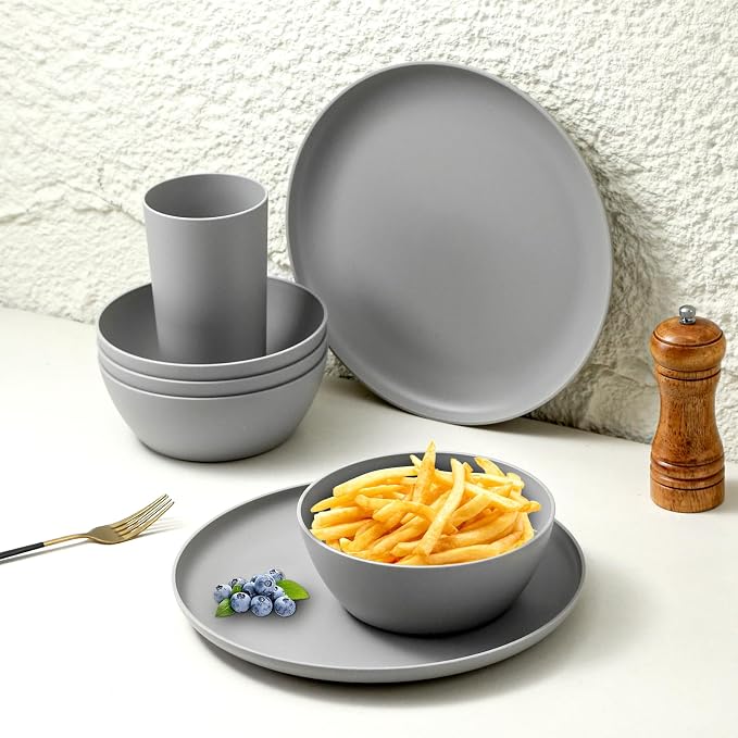24pcs Matte Gray Dinnerware Set, Plates, Bowls & Cups, Unbreakable Dishes for 8, Reusable BPA‑Free Tableware, Dishwasher Safe for Kitchen, Party, Picnic & Camping, Bonus Cutlery Set Included