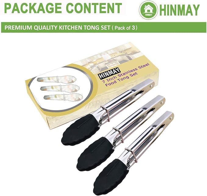 HINMAY Mini Tongs with Silicone Tips 7-Inch Kitchen Tongs, Set of 3 (Black)