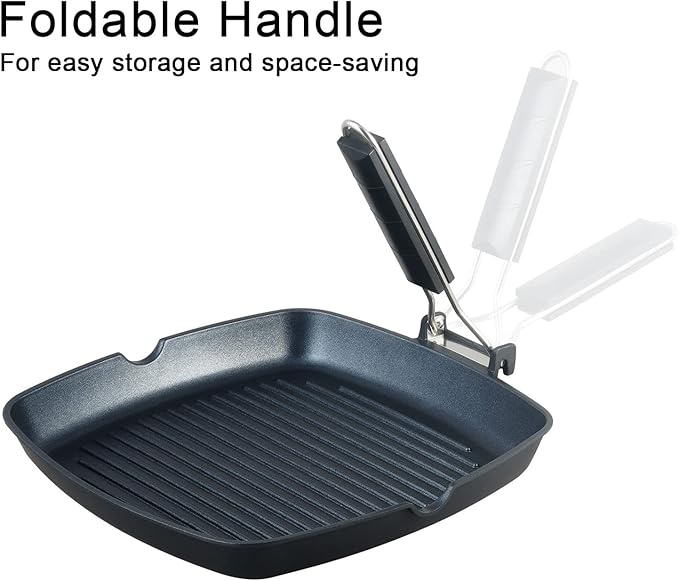 S·KITCHN Grill Pan with Folding Handle, Nonstick Grilling Pan for Stove Tops, Induction Compatible Square BBQ Pan with Pour Spouts - 11 in