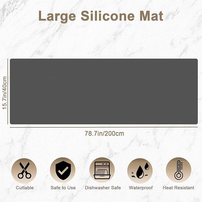 78.7"x15.7"(200cmx40cm) Large Silicone Mats for Countertop, Heat Resistant Mat, Waterproof Nonslip Silicone Kitchen Counter Mat, Nonstick Table Placemat, Multipurpose Mat, Dark Gray