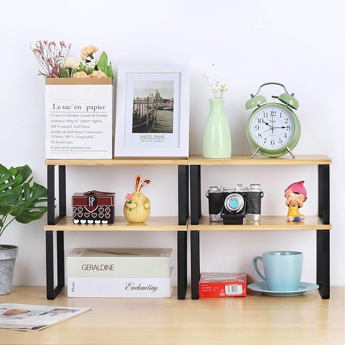 NEX Bamboo Cabinet Organizer Shelf, Kitchen Counter Shelves Set of 4 | Stackable & Expandable Spice Rack, Space-Saving Pantry Organizers Bathroom Countertop Storage, Natural and Black