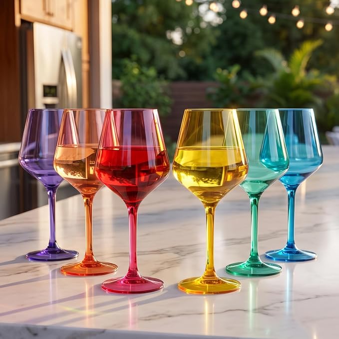 European Style Plastic Crystal, Stemmed Wine Glasses | 6 Set | Acrylic Glasses Tritan Drinkware, Unbreakable Color Shatterproof BPA-free Reusable, Outdoor, Pool Floating & Indoor, Hand Wash 15oz Gift