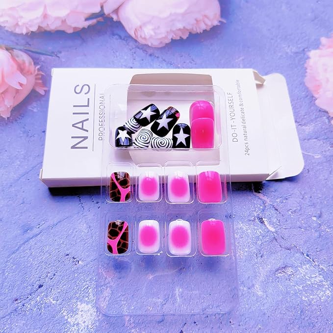 WLGDLH Pink Gradient Press on Nails Short Square Fake Nails Press ons Nail Art Tips with Star Irregular Stripes Design Cute Glossy False Nails Full Cover Repeatable Glue on Nail for Women 24Pcs