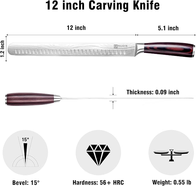 PAUDIN Brisket Knife, 12 Inch Carving Knife Stainless Steel Brisket Slicing Knifes with Granton Edge for Meat Cutting, Roasts, BBQ, Turkey - Grilling Gifts for Men