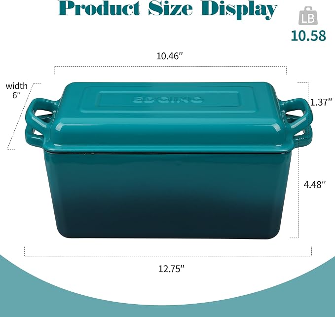 EDGING CASTING Enameled Cast Iron Dutch Oven, Oblong Bread Oven for Sourdough Bread Baking, Baking Pan, Dual Handles, Oven Safe, 4 Quart, Darkcyan