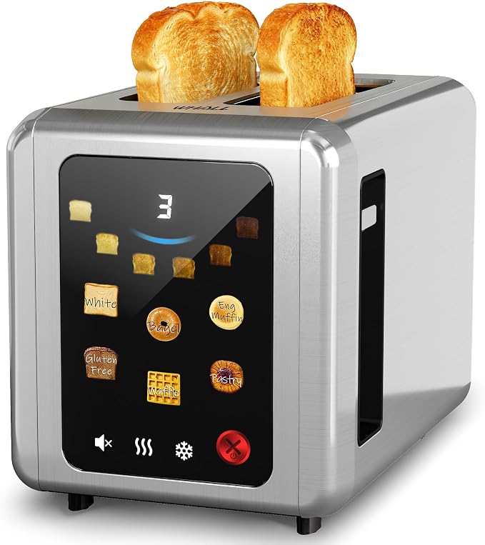 WHALL Full Touch Screen Toaster 2 Slice, Smart Toaster for Bread, Silver | 1.5'' Extra Wide Slot, 6 Shade Settings, Reheat/Defrost/Mute/Standby, Gluten-Free Waffle Pastry Mode, Stainless Steel, Silver
