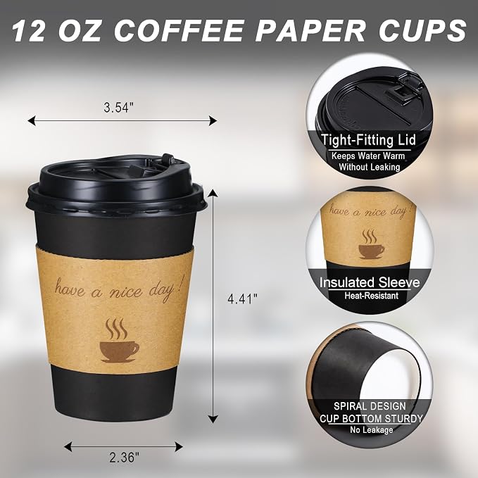 Lamosi 500 Pack 12 oz Coffee Cups, Disposable To Go Paper Cups with Lid | Hot Insulated Cups with Lids, Stir Sticks and Sleeves for Cold Drinks, Tea and Latte, Cafe, Travel and Home Use