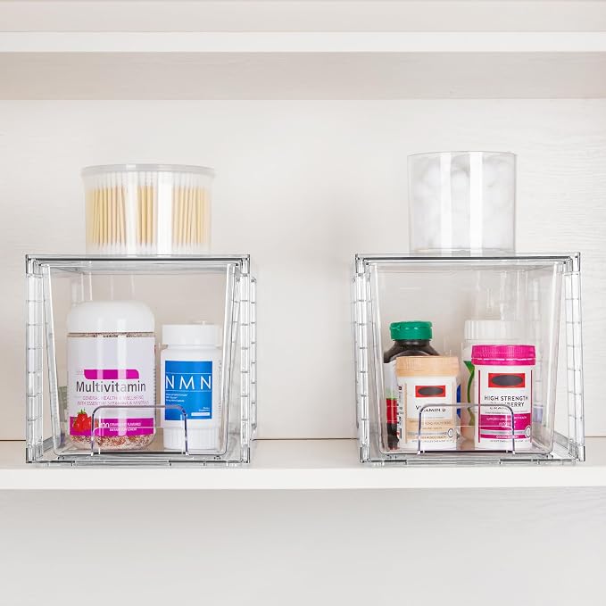 Vtopmart 4 Pack Large Stackable Storage Drawers, Clear | Easily Assemble Bathroom Closet Undersink Organizers and Storage Kitchen Cabinets,Pantry,Makeup,Medicine Organization