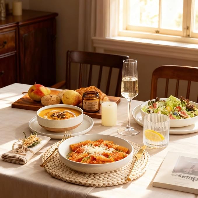 AmorArc Dinnerware Sets for 6, 24 Pieces Ceramic Plates and Bowls Set | Scratch Resistant Stoneware Dishes Set, Dishwasher & Microwave Safe, Light Beige