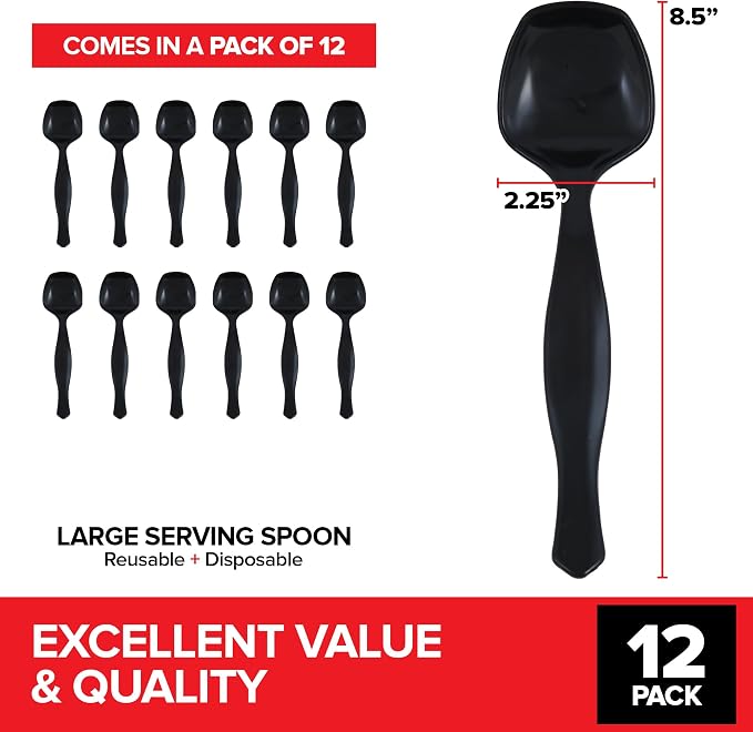12 Count Disposable Black Plastic Serving Utensils for Catering, Weddings, Holiday Parties and More, Large Plastic Spoons for Buffet, Stock Your Home