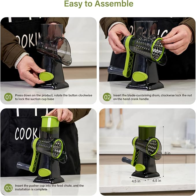 Rotary Cheese Grater hand crank 3 blades with Stronger Suction Base | Stainless Steel Blades for Fruits, Vegetables, Nuts. Dishwasher Safe & Easy to Clean, Transparent Black & Green