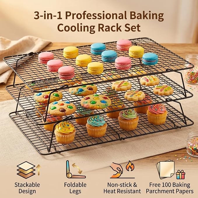 Cooling Racks for Baking, 3-Tier Stackable Stainless Steel Wire Cooling Rack Set of 3 (10"x15") with 100 Paper, Oven Safe Heavy Duty Rust-Resistant Wire Rack for Cookie Sheet Roasting Grilling.