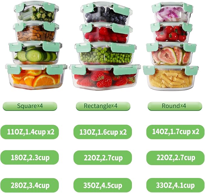 HOMBERKING 24pc Glass Food Storage Containers with Lids, Glass Meal Prep Containers, Airtight Bento Boxes, BPA Free & Leak Proof, Pantry Kitchen Storage(12 lids & 12 Containers) - Blue