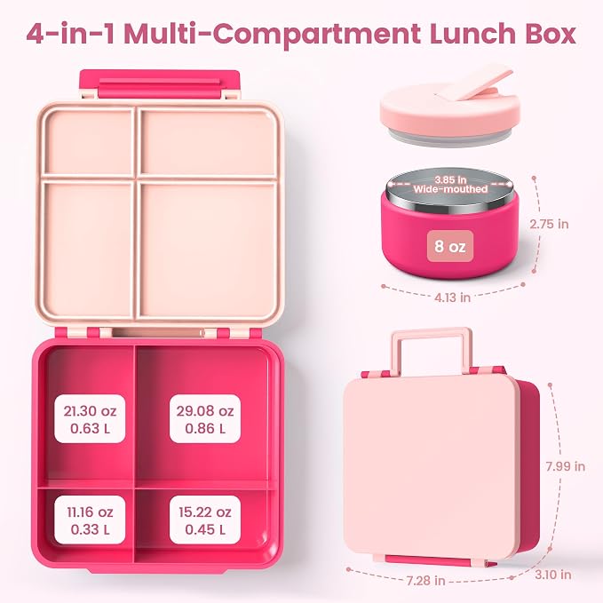 LOHASOK Bento Lunch Box for Kids with 8oz Soup Thermo, Pink | 4-Compartment, Leak-Proof Lunch Containers with Insulated Food Jar and Silicone Foldable Spoon Fork