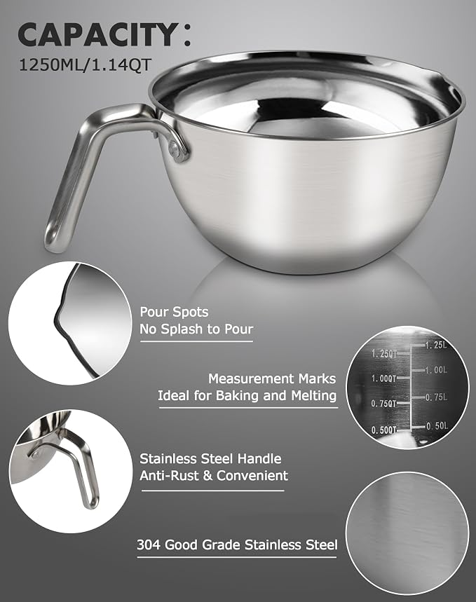 1.1QT Double Boiler Chocolate Melting Pot with 2QT 304 Stainless Steel Pot | 304 food-grade steel, rust-proof. Melt chocolate, butter, candy, wax, soap. Stovetop safe, Dishwasher safe