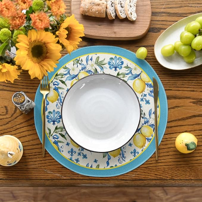 Artoid Mode Blue Lemon Iris Round Summer Placemats Set of 4, 14 Inch Spring Round Table Mats for Dining Decoration