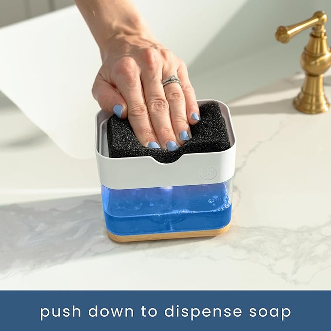 S&T INC. Dish Soap Dispenser and Sponge Holder, Plastic Bamboo and White | Patented Design, Holds 13 Fluid Ounces, Sponge and Waterproof Labels Included, Non-Slip Feet
