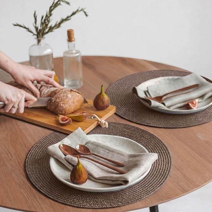 FunWheat Round Braided Placemats Set of 4 Table Mats for Dining Tables Woven Washable Non-Slip Place mats 15inch (Brown, 4pcs)