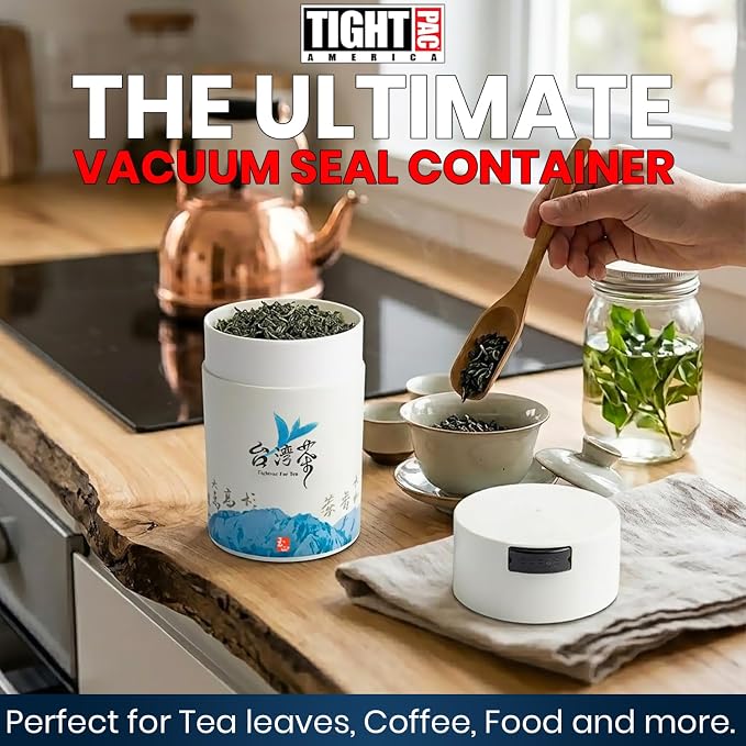 Teavac 6-Ounce Vacuum Sealed Tea Storage Container, White Cap and Body/Blue Tea Sign