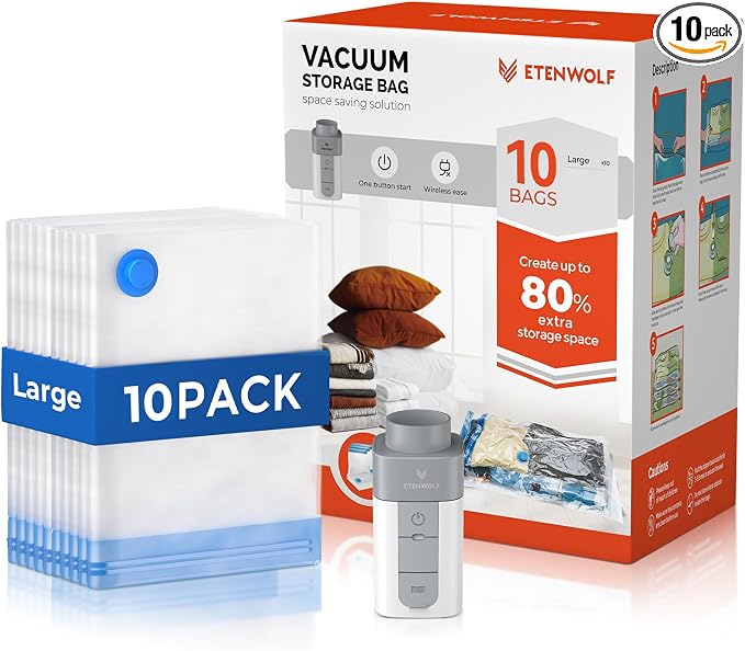 ETENWOLF 10 Large Vacuum Storage Bags for Travel with Wireless Pump | Vacuum Seal Bags for Clothing Travel, Compression Packing Bags for Clothes and Blankets, Space Saver Bags in Carry-On Sizes