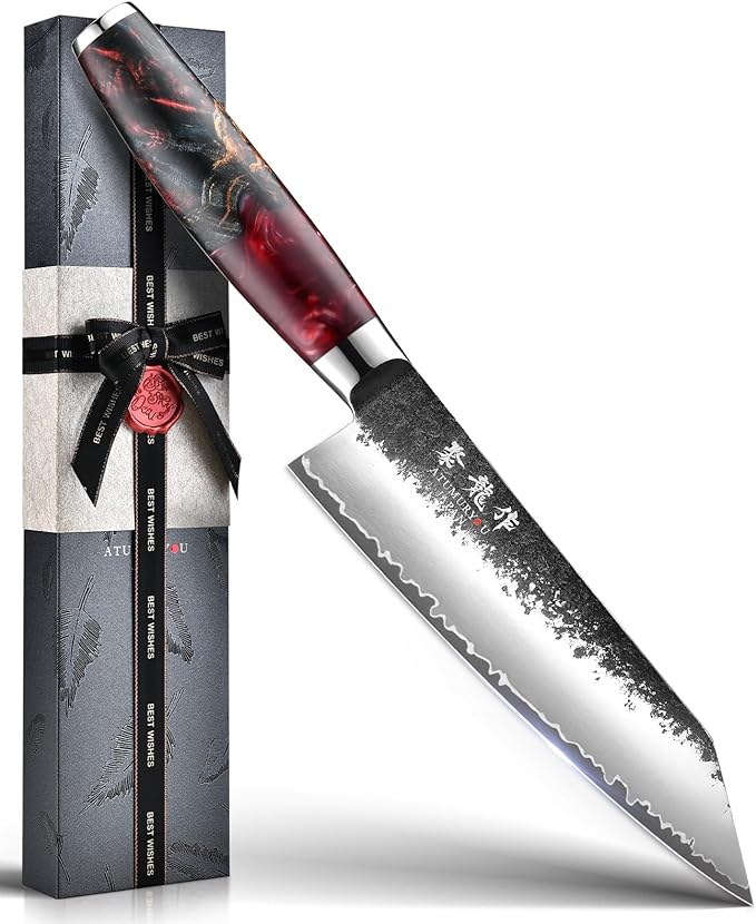 7'' Japanese Kiritsuke Chef Knife, Black Forged 3-Layer VG10 Steel Core | San-Mai Stainless Steel, Kurouchi Forged Finish, Push-Cut Precision, K-Tip Control, Resin Wood Handle, Premium Gift Box