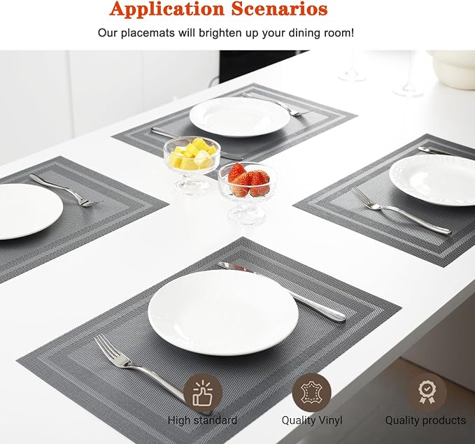 Gray Vinyl Placemats Set of 6,Washable Dining PVC Table Mats | Heat resistant, stain resistant non slip vinyl place mats, washable gray table placemats for dining table