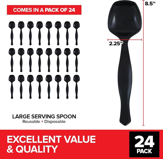 24 Count Disposable Black Plastic Serving Spoons for Catering, Weddings, Holidays and More - Large Plastic Buffet Spoons for Parties, Stock Your Home