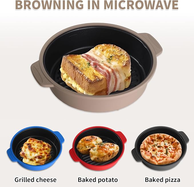 GLOU-GLOU GOOSE GGG Microwave Grill Pan, Fry Griddle Crisper Pan with Lid for Grilling Browning and Crisping Foods Microwave Silicone Cookware for Meat Sandwich Vegetable Red