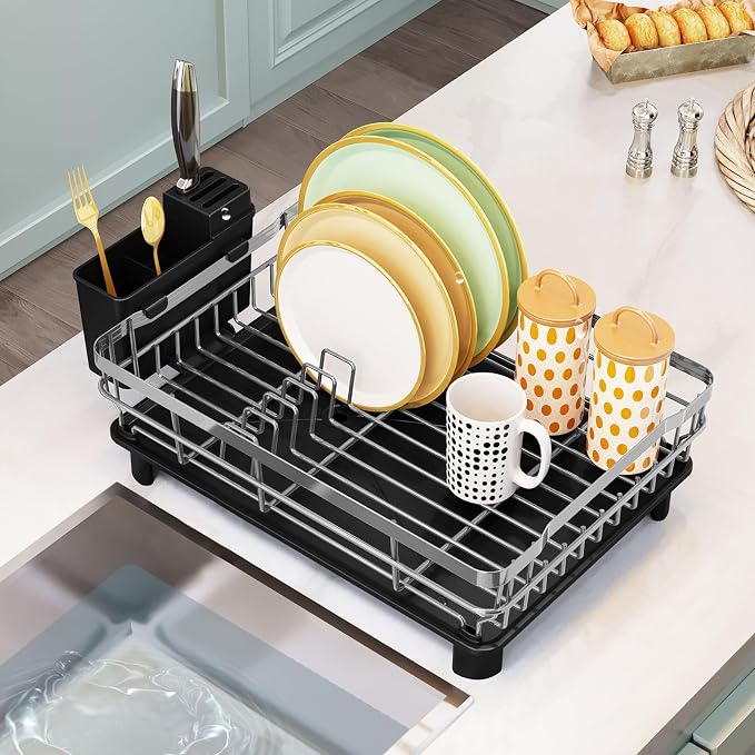 GAXmi Dish Drying Rack with Drainboard for Kitchen Countertop 1-Tier Grey | With utensil holder, Over the sink, Quick drainage, Space-saving, Large capacity