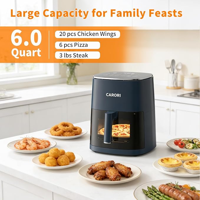 CARORI 6QT Air Fryer with Viewing Window, 12 Cooking Presets, 1700W Fast & Even Cooking, Max 400℉ Crisping, Bake, Roast, Reheat & Dehydrate, Large Nonstick Basket, Dishwasher Safe, Dark Blue