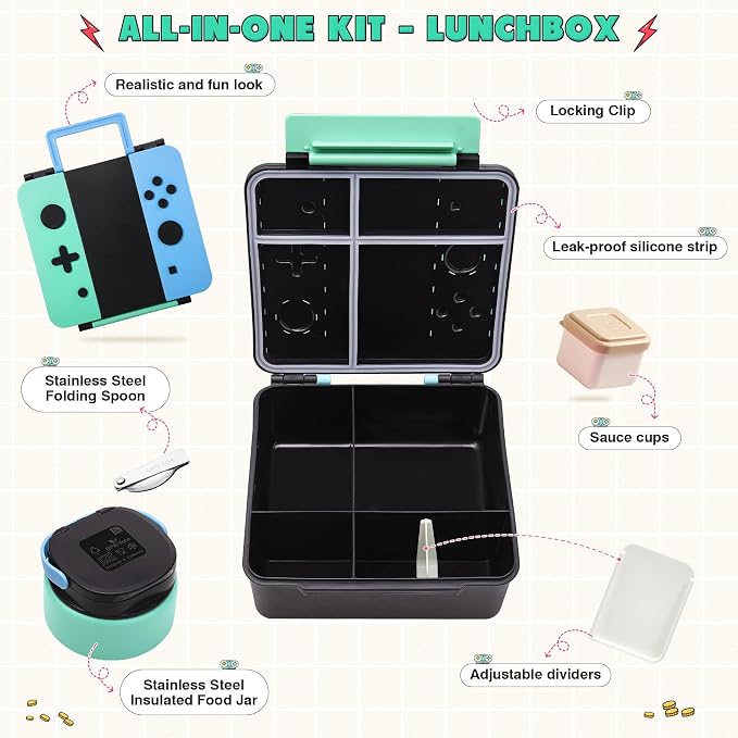 Game Bento Box for Kids, Lunch Box with Thermo(9oz Food Jar), Folding Spoon, Removable Divider & Sauce Cup, Lunch Box Kids for School,Travel, BPA-Free & Realistic Shape(Blue-Green)