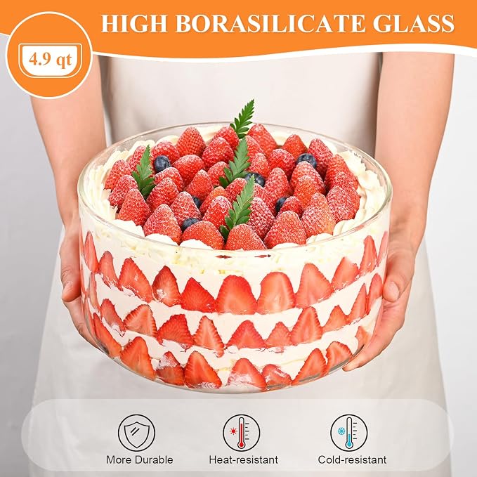 LOVYANXUE 155 oz Glass Trifle Bowl with Lid, 9 inch Large Salad Bowl, Versatile Mixing and Serving Dish for Fruit, salad, Cake, Cupcake, Baking, and Dessert, Airtight & Leakproof, Oven, Microwave Safe