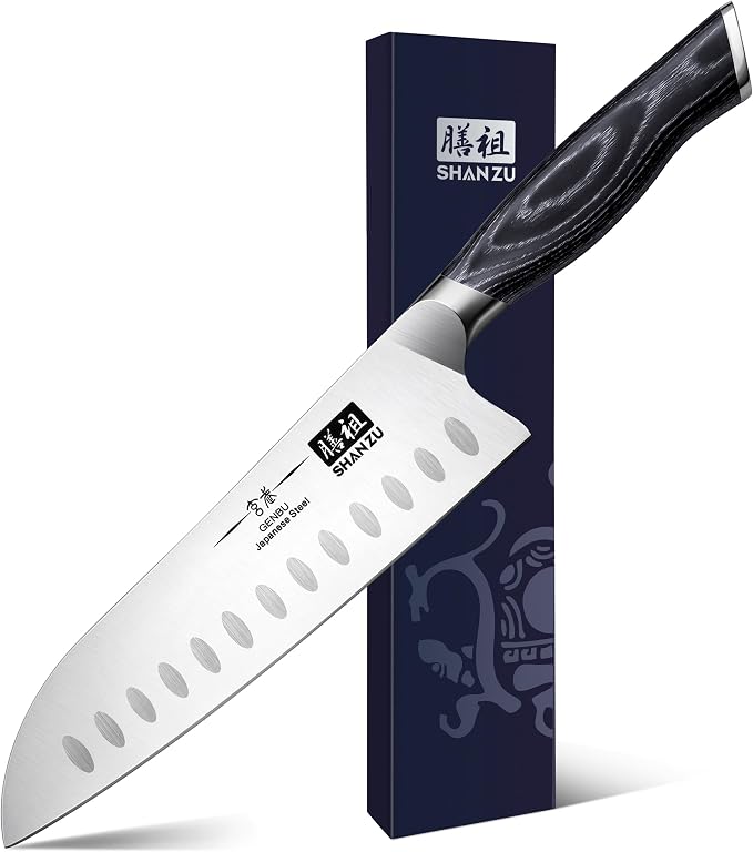 SHAN ZU 7 Inch Japanese Chef Knife, Professional Kitchen Knives | Japanese Super Steel Sharp Santoku Knife with K133 Ergonomic Handle, Black Tortoise Genbu Series