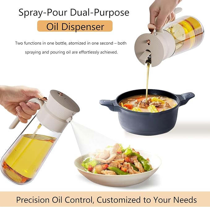 19.6 oz Leak-Proof Glass Olive Oil Sprayer for Cooking, Fine Mist & Pour | 2 in 1 Oil Dispenser and Sprayer, Switch Between Fine Mist & Precision Pour for Air Fryer, BBQ, Salad, Baking - White