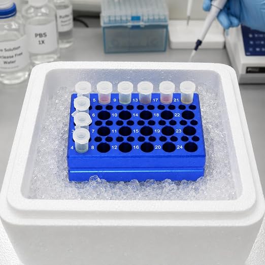 1 Pcs Aluminum Cooler Cooling Block PCR Test Tube Rack 10.5/6mm Diameter | 10.5mm 24-well for 1.5/2mL Microcentrifuge Tubes; 6mm 36-well for 0.2mL PCR tubes; Enzyme, RNA, Reagent Cold Handling (Blue)