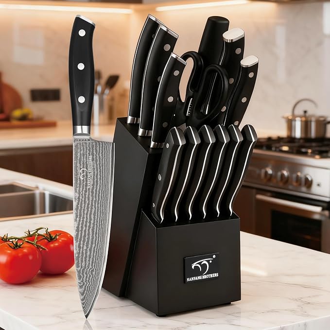 NANFANG BROTHERS Damascus Kitchen Knife Set 14 Pieces with Shears & Sharpener - VG10 Damascus Steel, ABS Ergonomic Handle, Wooden Block Storage Black