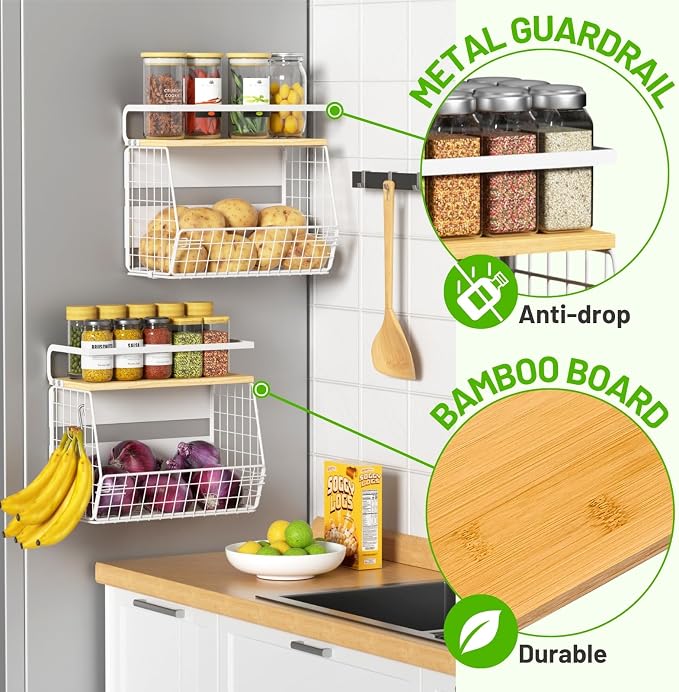 Magnetic Fridge Shelf with Wood Lid, Fruit Potato Onion Storage Bins, Pantry Organizers, Large Container Spice Rack for Refrigerator, Kitchen Counter, Cabinet (2, White)
