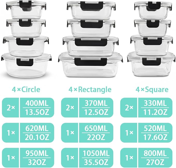 12 Pack Glass Food Storage Containers with Lids(Black) | Meal Prep Containers with Snap Locking Lids, Airtight Lunch Containers for Microwave, Oven, Freezer and Dishwasher, BPA Free