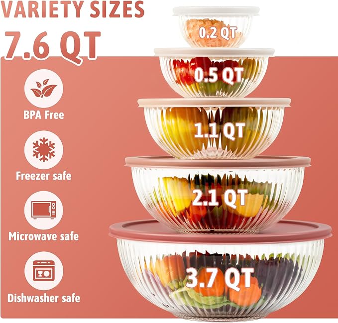 Glass Mixing Bowls with Lids Sets, 5 PCS Glass Bowls for Kitchen service | For Baking, Meal Prepping and Salad, Bpa Free, Microwave, Dishwasher and Oven Safe Serving Bowls, 0.2/0.5/1.1/2.1/3.7Qt